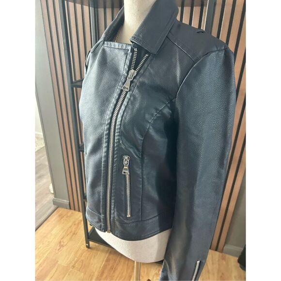 Express faux leather dark blue jacket size small motto rock like style - Picture 2 of 9